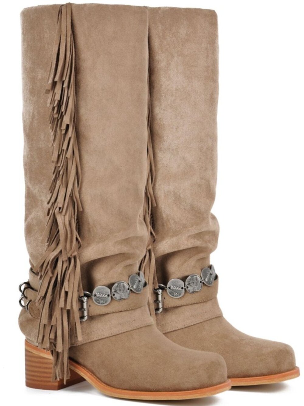 Women's Knee High Riding Boots with Fringes Buckle Straps Chunky Heel Square Toe